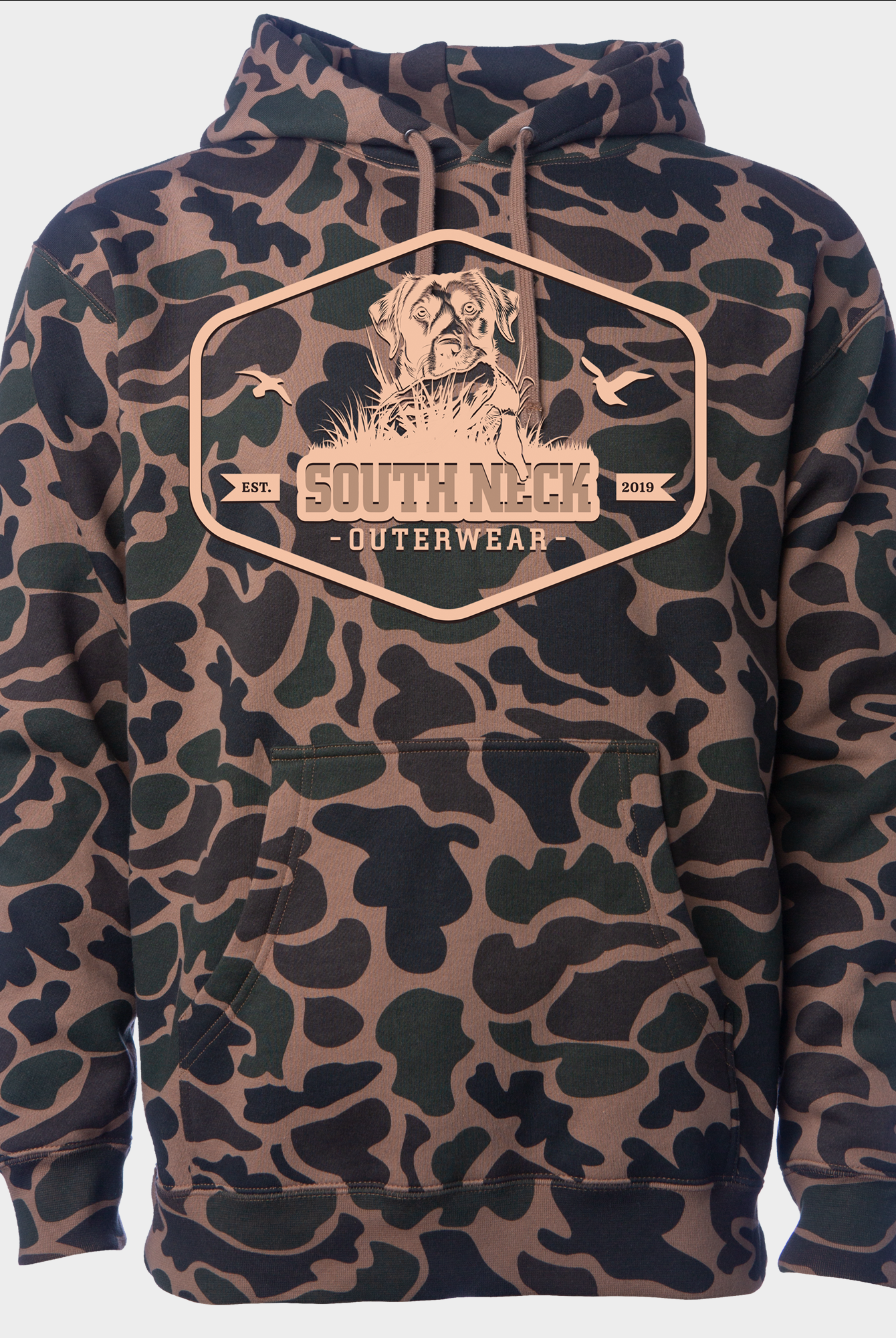 Men’s duck camo hunting hoodie with Labrador retriever graphic – South Neck Outerwear pullover for hunters and outdoor enthusiasts