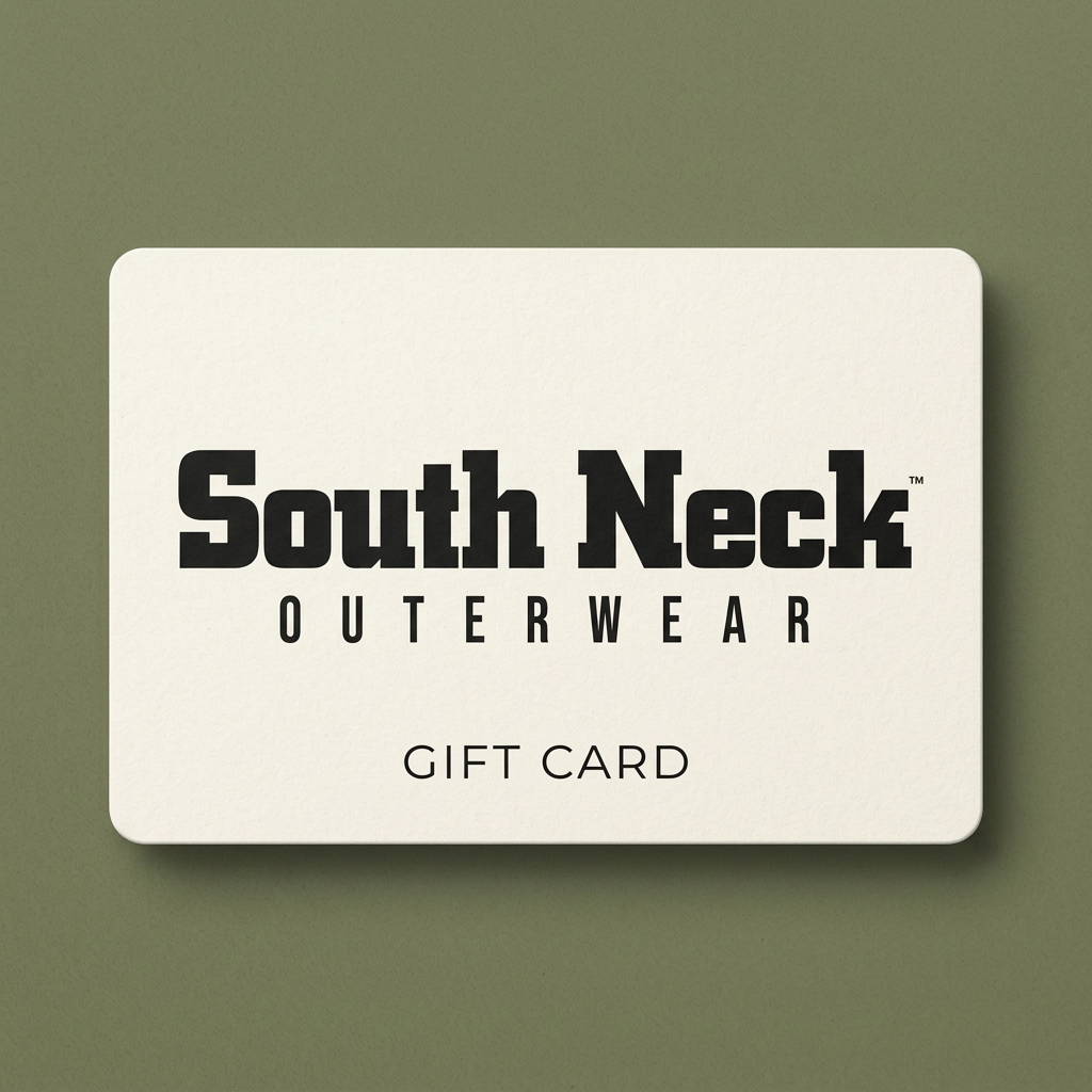 South Neck gift card in cream on a muted olive background