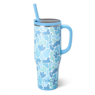 Blue camouflage tumbler with blue handle, lid, and straw